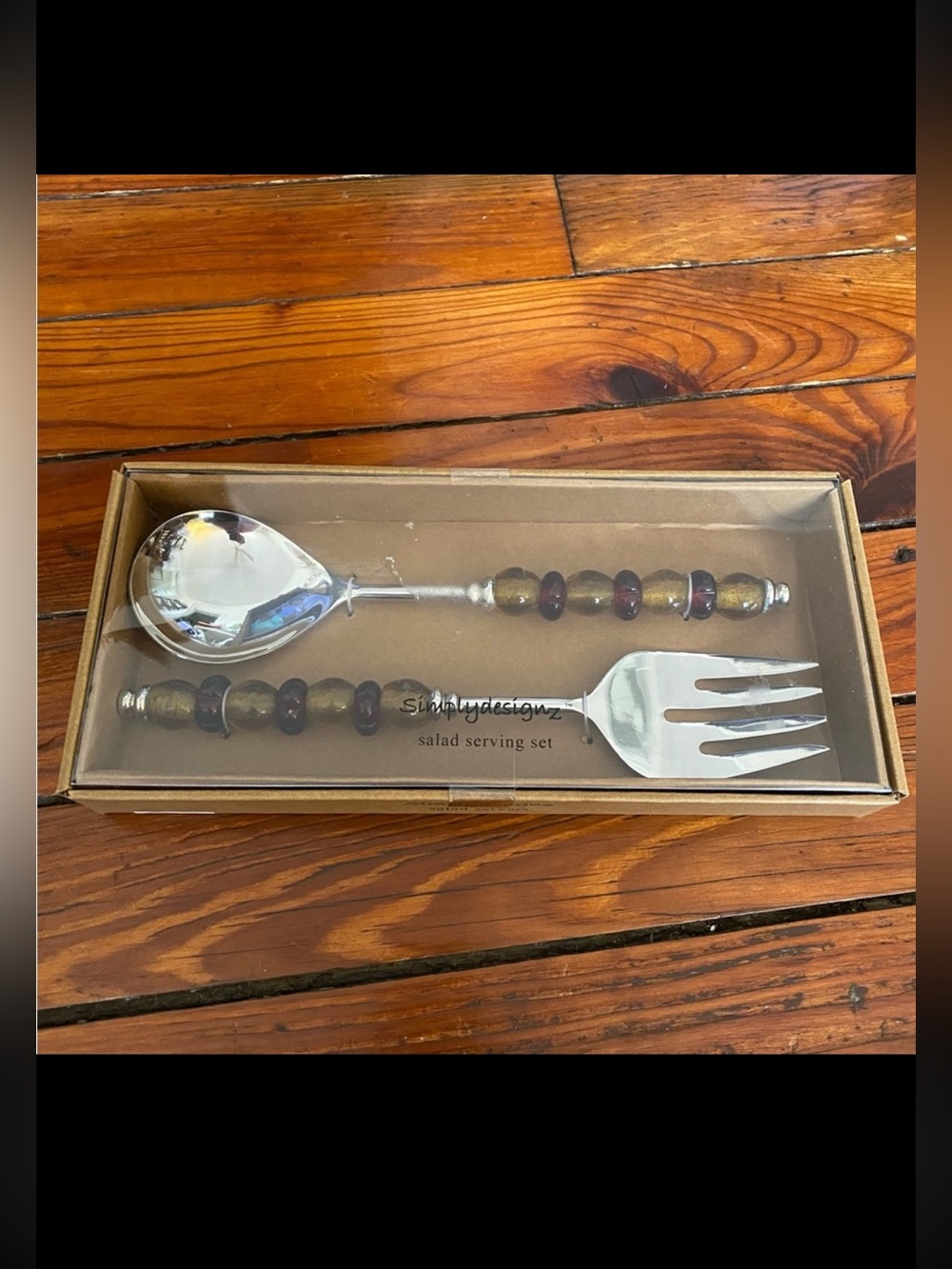 SimplyDesignz Amber Glass Handle Salad Serving Set NWT